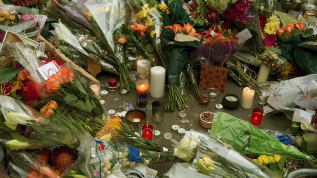 Flowers and tributes for Nelson Mandela outside South Africa House in central London.