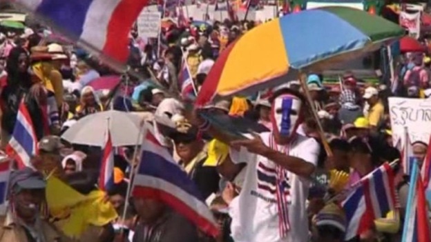 A protester waves the Thai flag