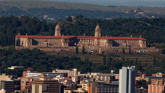 The Union building is seen behind the city of Pretoria