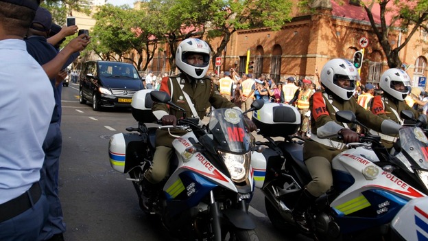 The funeral cortege carrying Nelson Mandela being escorted through the streets of Pretoria.