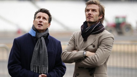 Lord Coe and David Beckham during a visit to the Olympic Stadium in London