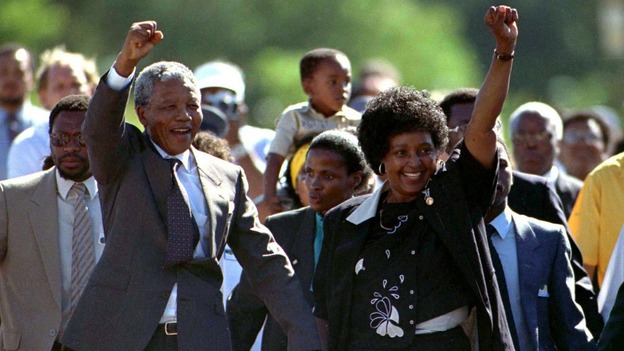 Nelson and Winnie Mandela pictured moments after his release from prison on February 11, 1990.
