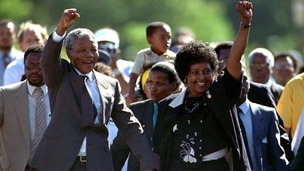 Nelson and Winnie Mandela pictured moments after his release from prison on February 11, 1990.