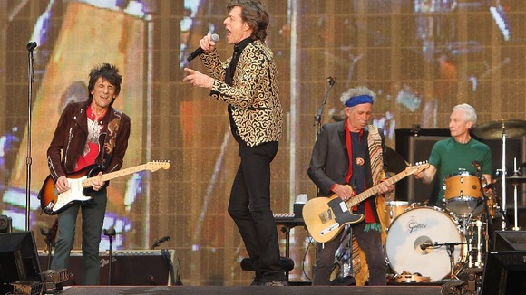 Ronnie Wood, Mick Jagger, Keith Richards and Charlie Watts from The Rolling Stones performing in Hyde Park in London.