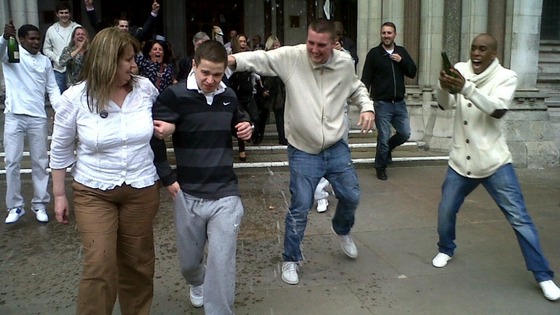Sam Hallam leaving Court of Appeal with his mother Wendy