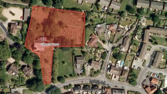 The cemetery of All Saints church in Didcot is shaded red