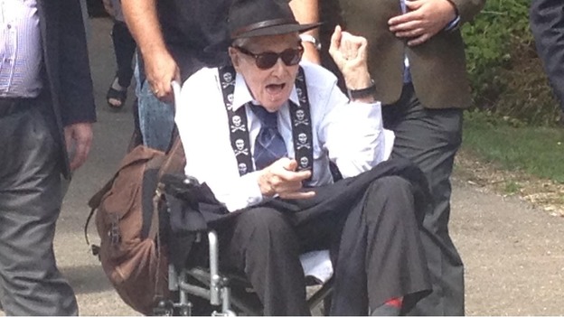 Ronnie Biggs earlier this year at Highgate Cemetry in London where the ashes of fellow Great Train Robber Bruce Reynolds were buried.