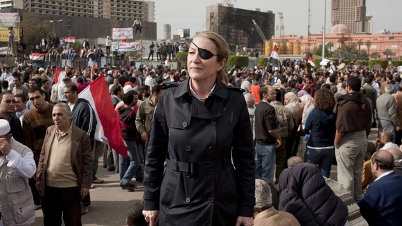 Marie Colvin covering Egyptians' uprising in Tahrir square, Cairo, Egypt, 04 February 2011