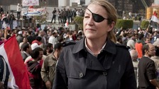 Marie Colvin covering Egyptians' uprising in Tahrir square, Cairo, Egypt, 04 February 2011