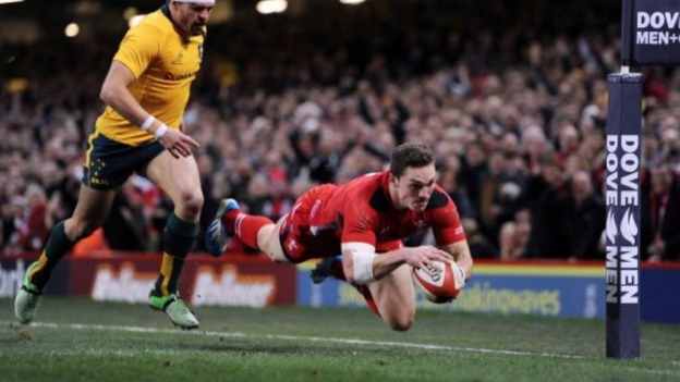 George North crosses the line for Wales against Australia.