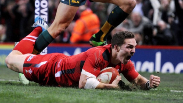 George North celebrates scoring against Australia.