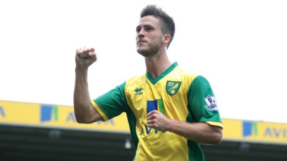 Ricky van Wolfswinkel celebrates scoring against Everton.