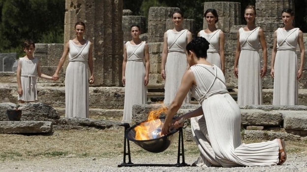 The Olympic Flame was lit in Olympia by an actress playing the role of High Priestess