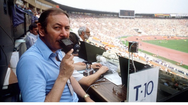 BBC commentator David Coleman in the Lenin Stadium, Moscow in 1980.