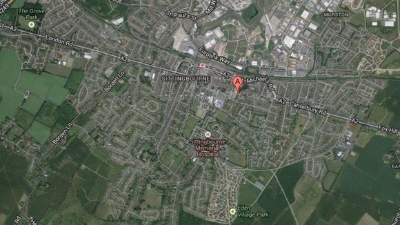 Marker shows location fo the Bell Shopping Centre in Sittingbourne, Kent