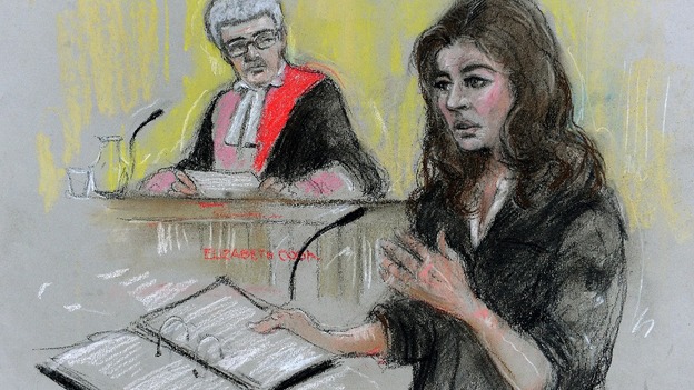 Court artist sketch of TV cook Nigella Lawson giving evidence.