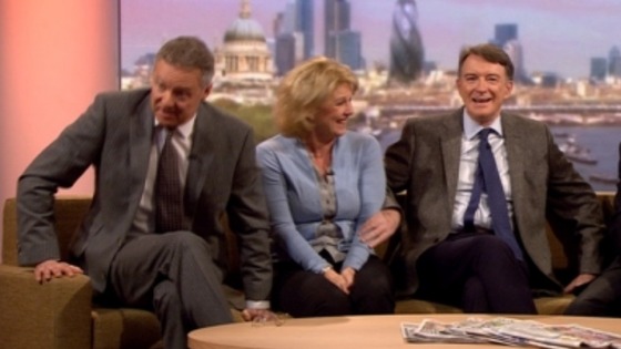 Rory Bremner (L) and Peter Mandelson react after defence minister Anna Soubry's comment