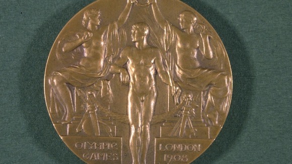 The Gold medal issued to winning competitors during the 1908 Olympic Games in London