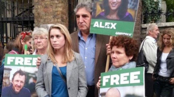 Actors Jim Carter and Imelda Staunton join Alexandra Harris's sister Georgie to show their support for activists charged in Russia