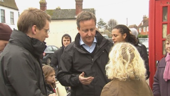 David Cameron talks to Erica Olivares about the flooding in Yalding, Kent - one of the worst affected areas