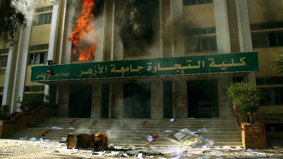 Fire burns inside the Faculty of Commerce building al-Azhar University in Cairo.