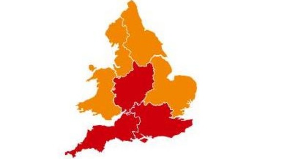 Red areas show where flood warnings are in place, yellow shows flood alerts.