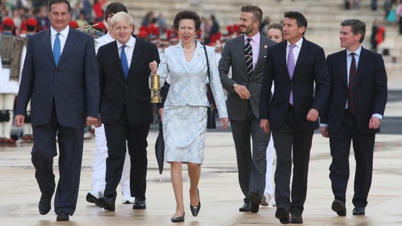 President of the Hellenic Olympic Committee Spyros Capralos, Boris Johnson, The Princess Royal, David Beckham, Lord Coe and Hugh Robertson.