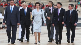 President of the Hellenic Olympic Committee Spyros Capralos, Boris Johnson, The Princess Royal, David Beckham, Lord Coe and Hugh Robertson.