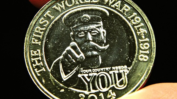 A new £2 coin featuring Lord Kitchener pictured at the Royal Mint in Pontyclun, Wales.