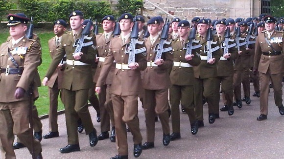 Soldiers march at the Freedom of Warwick at Warwick Castle in Kenilworth today
