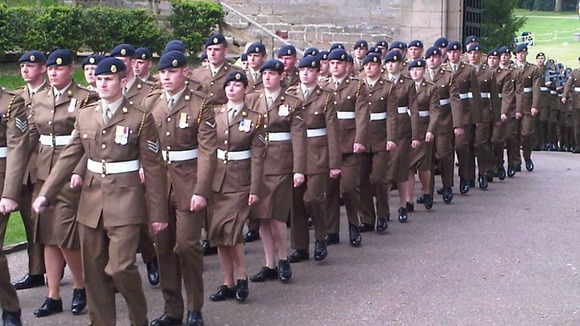 Soldiers march at the Freedom of Warwick at Warwick Castle in Kenilworth today