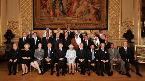 Queen Elizabeth II with her Royal guests pose for a picture before her Sovereign Monarchs Jubilee lunch