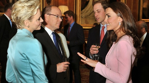 he Duke and Duchess of Cambridge talk to the Prince and Princess of Monaco 
