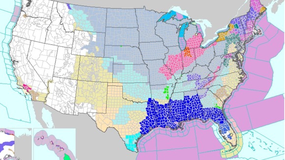 Blue = hard freeze warning, pink = winter storm warning, red= blizzard warning