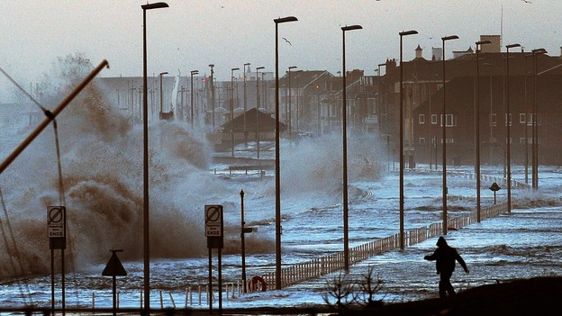Water covers the coastal roads at Clevelys near Blackpool