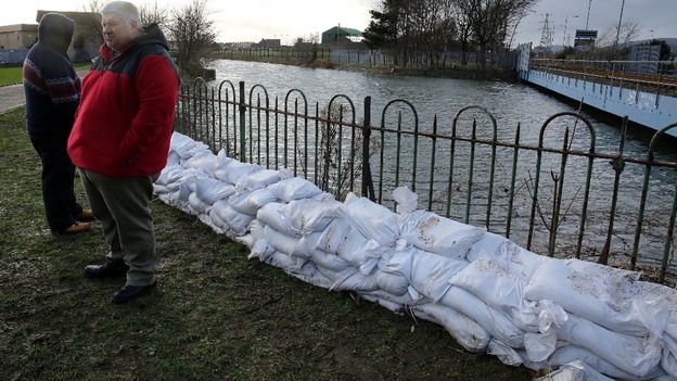 Temporary flood defences at the Connswater River in Belfast at high tide