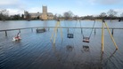 Flooding outside Tewkesbury Abbey in Gloucestershire