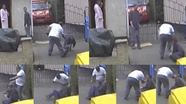 CCTV images of Craig Kinsella being pushed over and kicked.