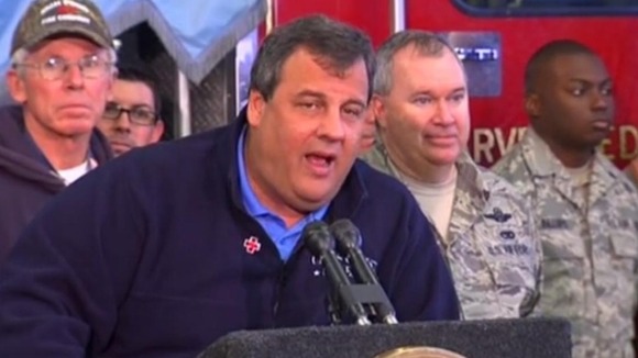 New Jersey Gov. Chris Christie answers a question from ITV News' Julie Etchingham after Superstorm Sandy.