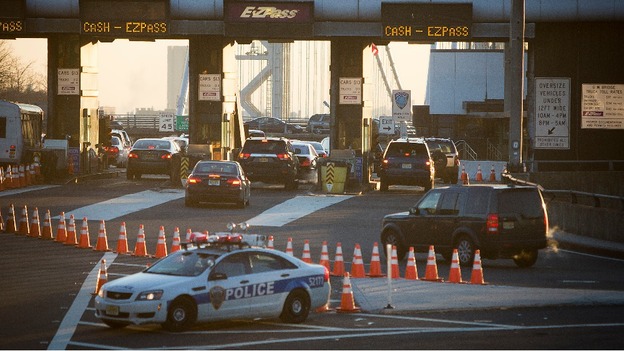 The George Washington Bridge toll booths pictured in Fort Lee, New Jersey.