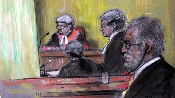 Court artist sketch of DJ Dave Lee Travis at Southwark Crown Court