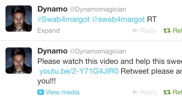 Dynamo tweets the video appeal for @swab4margot