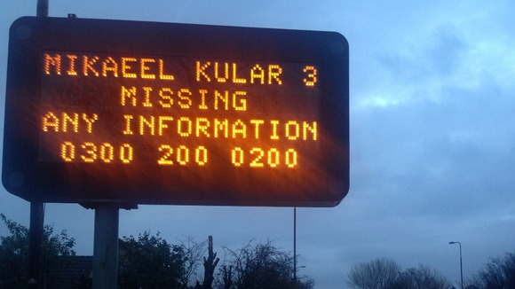 A sign appealing to motorists for information about Mikaeel's disappearance