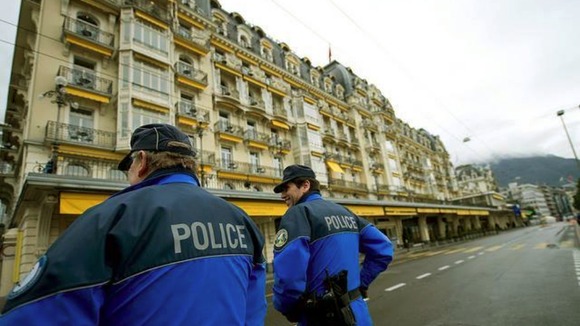 Swiss police on guard outside the site of the conference in Montreux, Switzerland