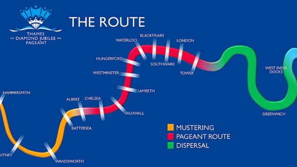 The route along the river Thames for the Diamond Jubilee pageant today.