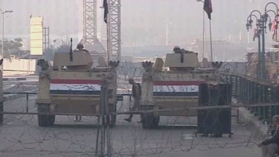 Armoured vehicles block the entrance to Tahrir Square in Egypt's capital Cairo.