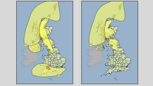 Met Office weather warnings for Sunday (L) and Monday