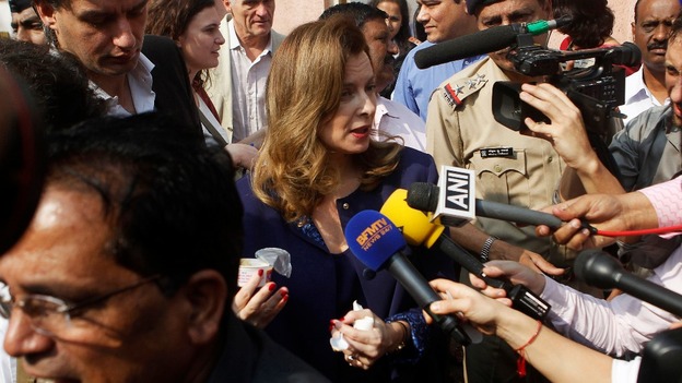 Valerie Trierweiler, French President Francois Hollande's former partner, speaks to the media in India.