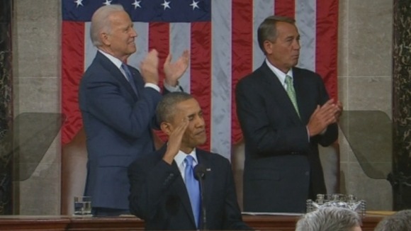 US President Barack Obama salutes Sgt. First Class Cory Remsburg during the standing ovation.