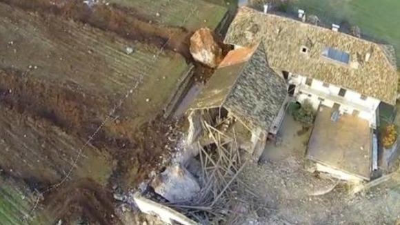 An aerial view of the devastated barn